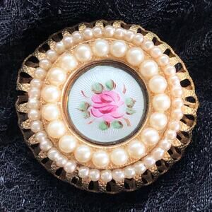 Vintage Victorian Gold Tone Round Floral Enamel Faux Pearls Brooch Pin